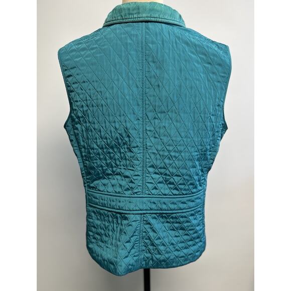 TALBOTS PM Equestrian Quilted Vest Teal Corduroy Collar Medium Fleece Lined Prep - Picture 5 of 13